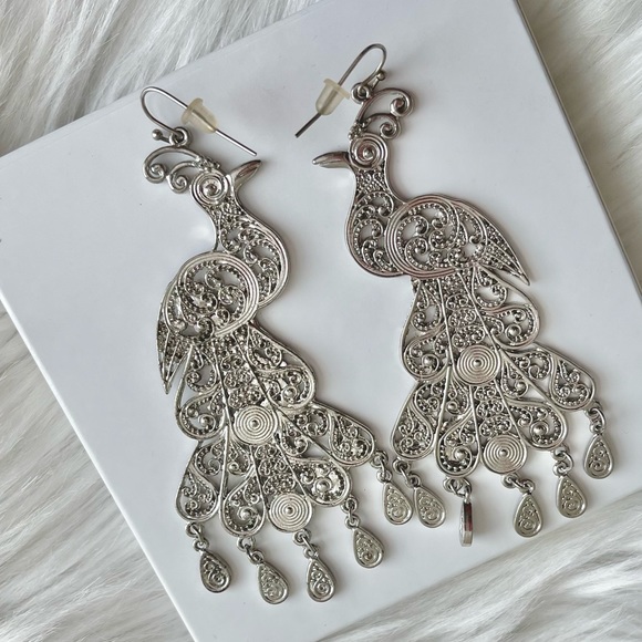 NWOT Silver Tone Peacock Earrings - Picture 2 of 2